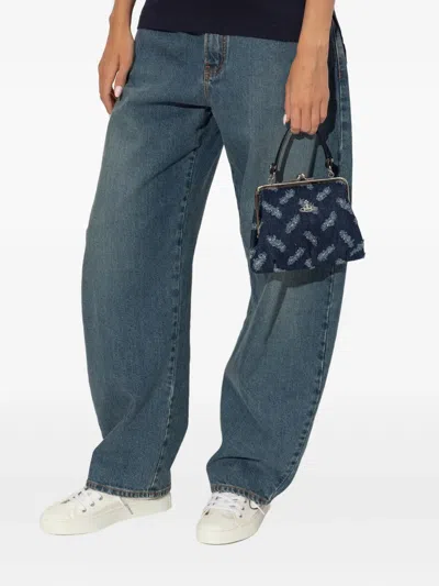 Vivienne Westwood Denim Tote Bag With Frayed Edges And Orb Pattern In Blue