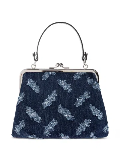 Vivienne Westwood Denim Tote Bag With Frayed Edges And Orb Pattern In Blue