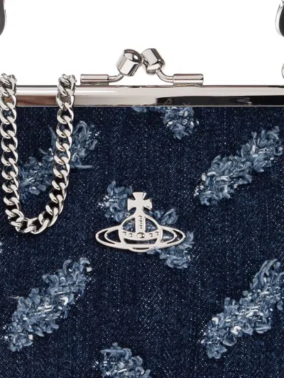 Vivienne Westwood Denim Tote Bag With Frayed Edges And Orb Pattern In Blue