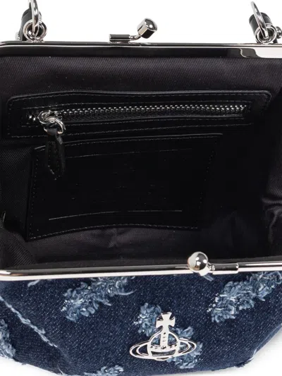 Vivienne Westwood Denim Tote Bag With Frayed Edges And Orb Pattern In Blue