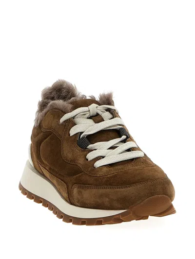 Brunello Cucinelli Suede Sneakers With Rubber Sole Contrast In Nude