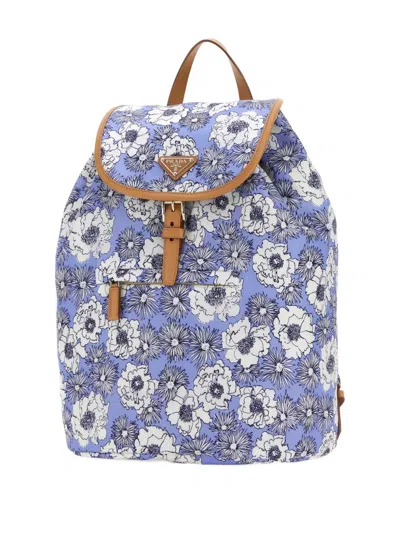 Prada Floral-print Backpack In Blue