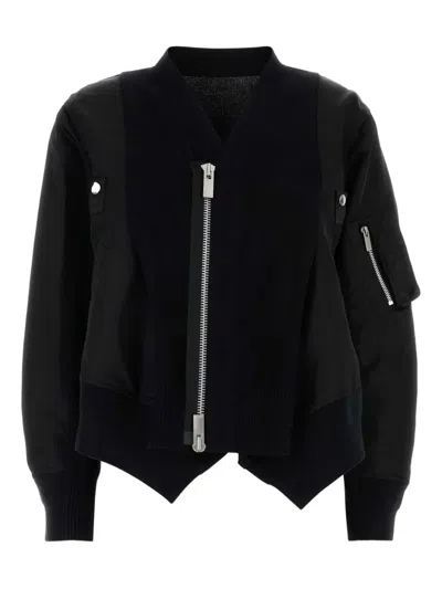 Sacai Black Cotton Blend And Nylon Bomber Jacket In Blue