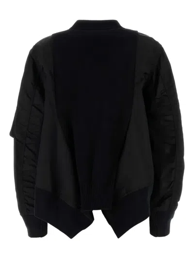 Sacai Black Cotton Blend And Nylon Bomber Jacket In Blue