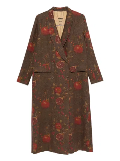 Uma Wang Floral Pomegranate Print Coat With Welt Pockets In Brown