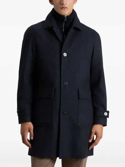 Woolrich Herringbone Zip-front Coat In Blue