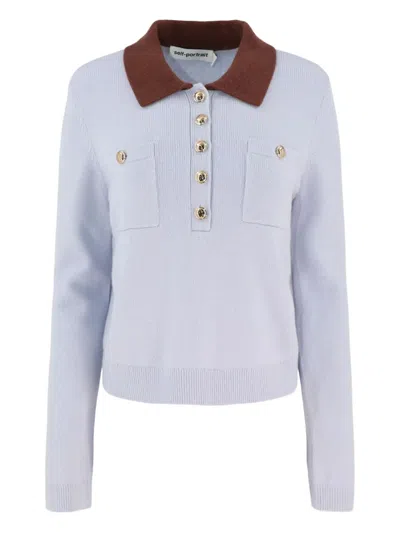 Self-portrait Delicate Lace Long-sleeved Top With High Neckline In Blue