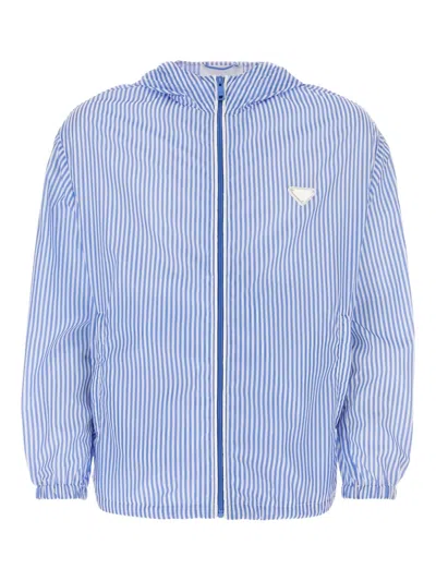 Prada Striped Collar Windbreaker With Elasticated Cuffs And Hem In Blue