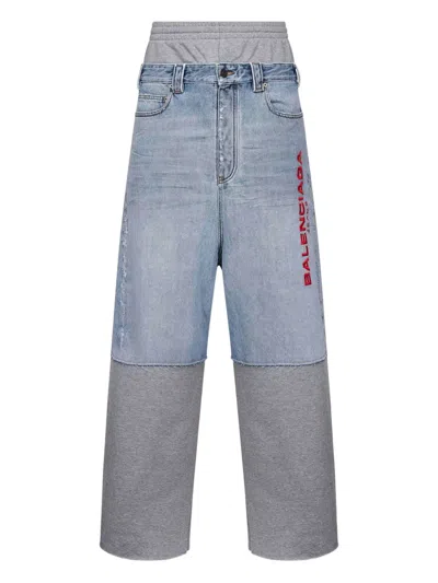 Balenciaga Men Light Blue Jeans With Fleece Inserts And Logo Lettering On The Front In Cotton And De In Blue