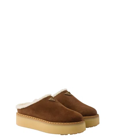 Prada Evolve Shearling-trimmed Suede Platform Mules In Brown