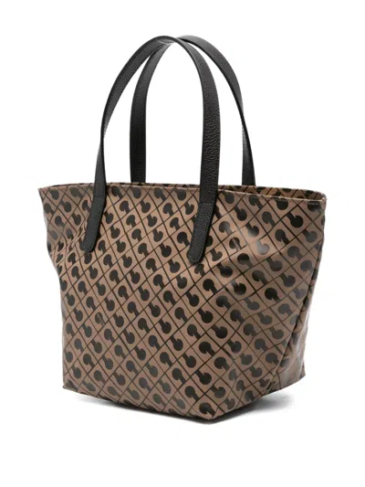 Gherardini Trapezoidal Beige Shopper Bag With Geometric Print In Brown