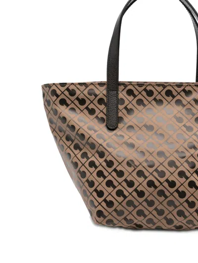 Gherardini Trapezoidal Beige Shopper Bag With Geometric Print In Brown