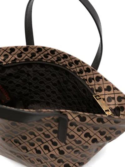 Gherardini Trapezoidal Beige Shopper Bag With Geometric Print In Brown