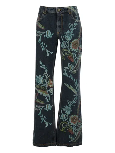 Etro Blue Jeans With All-over Painted Flowers In Denim Woman In Blue