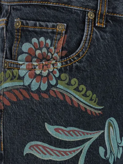 Etro Blue Jeans With All-over Painted Flowers In Denim Woman In Blue