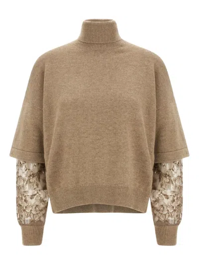 Brunello Cucinelli Cashmere Turtleneck Sweater With Sheer Sequined Sleeves In Brown