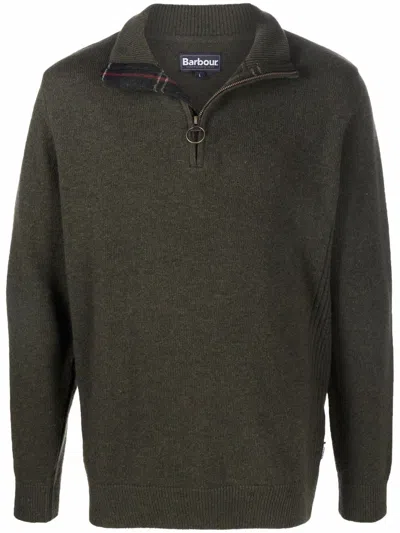 Barbour Khaki-green Wool Half-zip Sweater With Ribbed Edges And Elbow Patches In Green