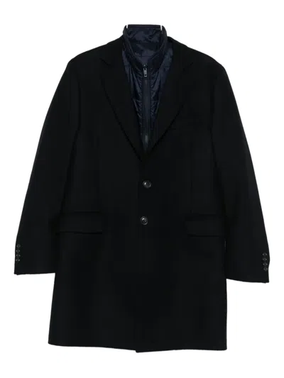 Fay Layered Navy Blue Coat With Button Fastening And Flap Pockets In Blue