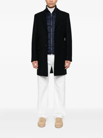 Fay Layered Navy Blue Coat With Button Fastening And Flap Pockets In Blue