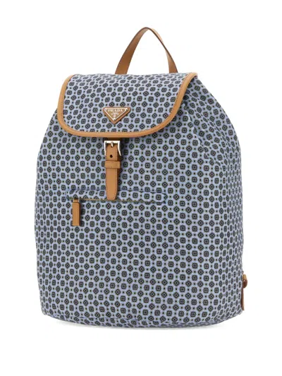 Prada Printed-pattern Leather-trimmed Backpack In Blue