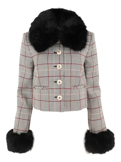 Self-portrait Womens Brown Check-print Faux-fur Wool-blend Jacket In Gray