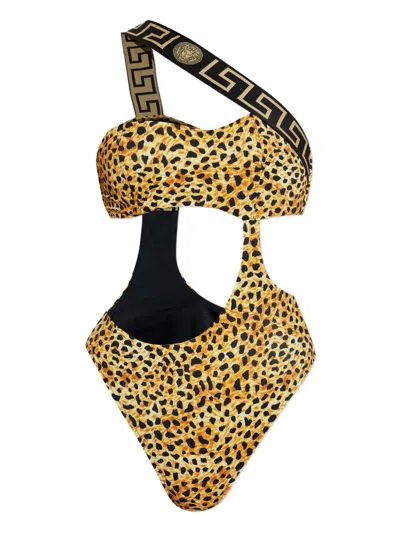 Versace Cheetah Print Cutout One-shoulder One-piece Swimsuit In Multi