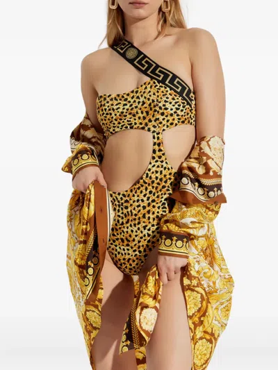 Versace Cheetah Print Cutout One-shoulder One-piece Swimsuit In Multi