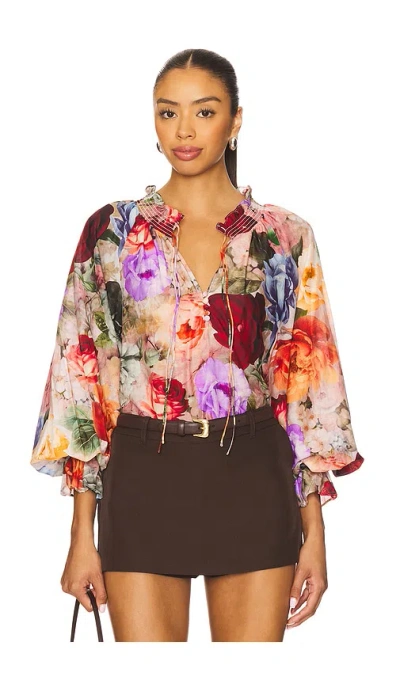 Alice And Olivia Norah Peasant Blouse Storm Floral Sm In Brown