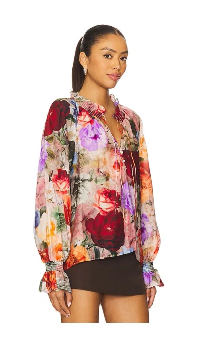 Alice And Olivia Norah Peasant Blouse Storm Floral Sm In Brown