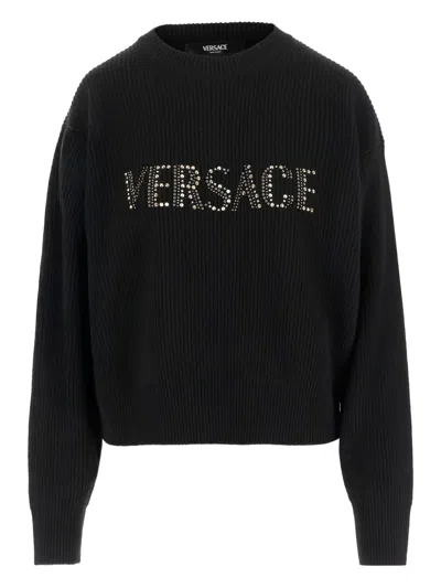 Versace Studs Logo Embroidery Wool Knit Sweater Black In Black