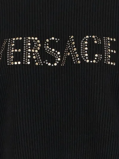 Versace Studs Logo Embroidery Wool Knit Sweater Black In Black