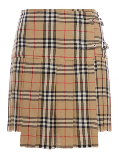 Burberry Pleated High Waist Check Pattern Kilt Skirt With Buckle In Multi