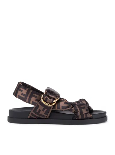 Fendi Women Feel Elastic Satin Sandals With Ff Motif In Brown