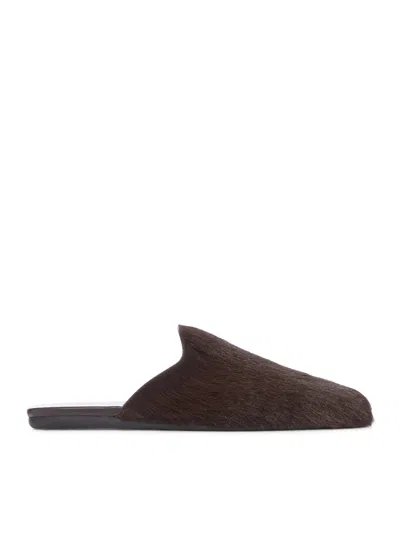 Prada Fur Leather Mules In Brown