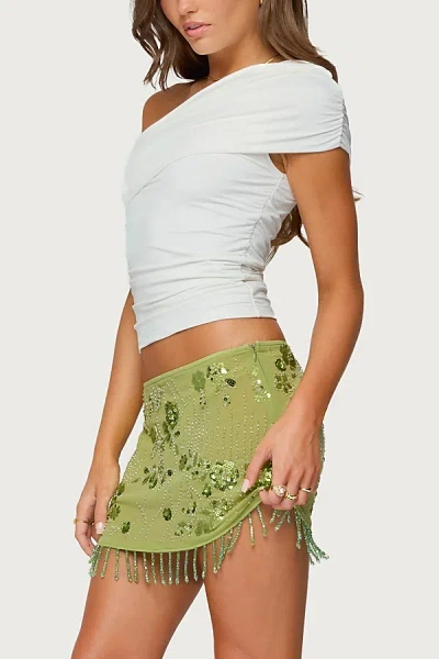 Edikted Sheer Sequin Bead Fringed Mini Skirt In Green
