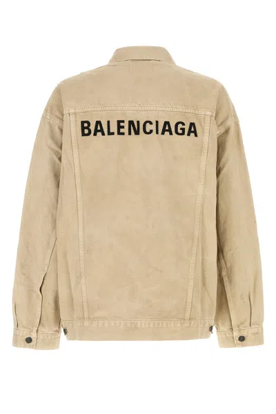 Balenciaga Beige Denim Jacket With Contrast Logo Embroidery In Neutral