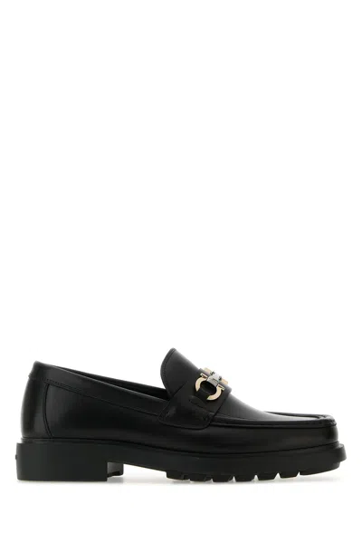 Ferragamo Leather Loafer With Gancini Metal Detail In Black