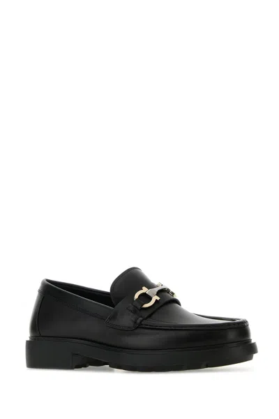 Ferragamo Leather Loafer With Gancini Metal Detail In Black