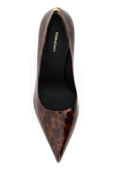 Ferragamo Pointed Toe Patent Pumps With Tortoiseshell Pattern In Brown