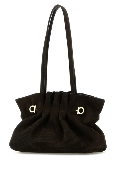Ferragamo Suede Pleated Shoulder Bag With Metal Hardware