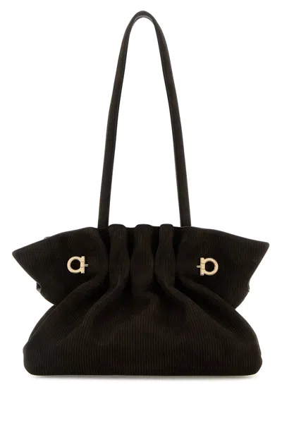 Ferragamo Suede Pleated Shoulder Bag With Metal Hardware