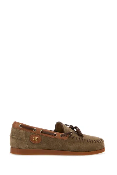 Valentino Garavani Palm Avenue Crust Leather Boat Shoes In Brown