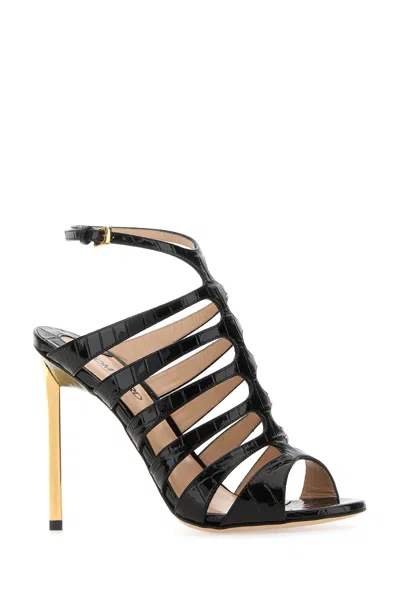 Tom Ford Glossy Stamped Crocodile Sandals In Black