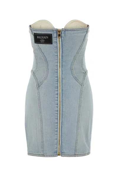 Balmain Strapless Mini Denim Dress In Bleujeanclair