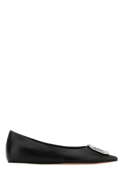 Amina Muaddi Leather Camelia Ballet Flats With Jewel Buckle In Black