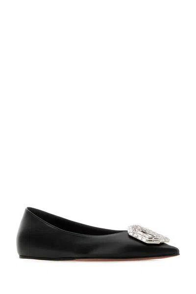 Amina Muaddi Leather Camelia Ballet Flats With Jewel Buckle In Black