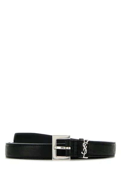 Saint Laurent Grained Leather Cassandre Thin Belt With Square Buckle Accessories In Black