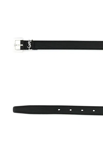 Saint Laurent Grained Leather Cassandre Thin Belt With Square Buckle Accessories In Black