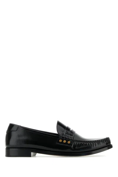 Saint Laurent Leather Fringed Loafers With Metal Studs In Black