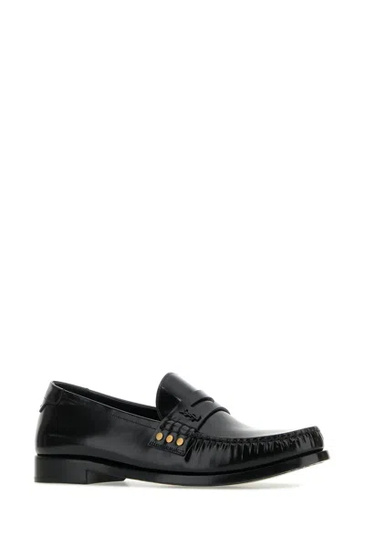 Saint Laurent Leather Fringed Loafers With Metal Studs In Black